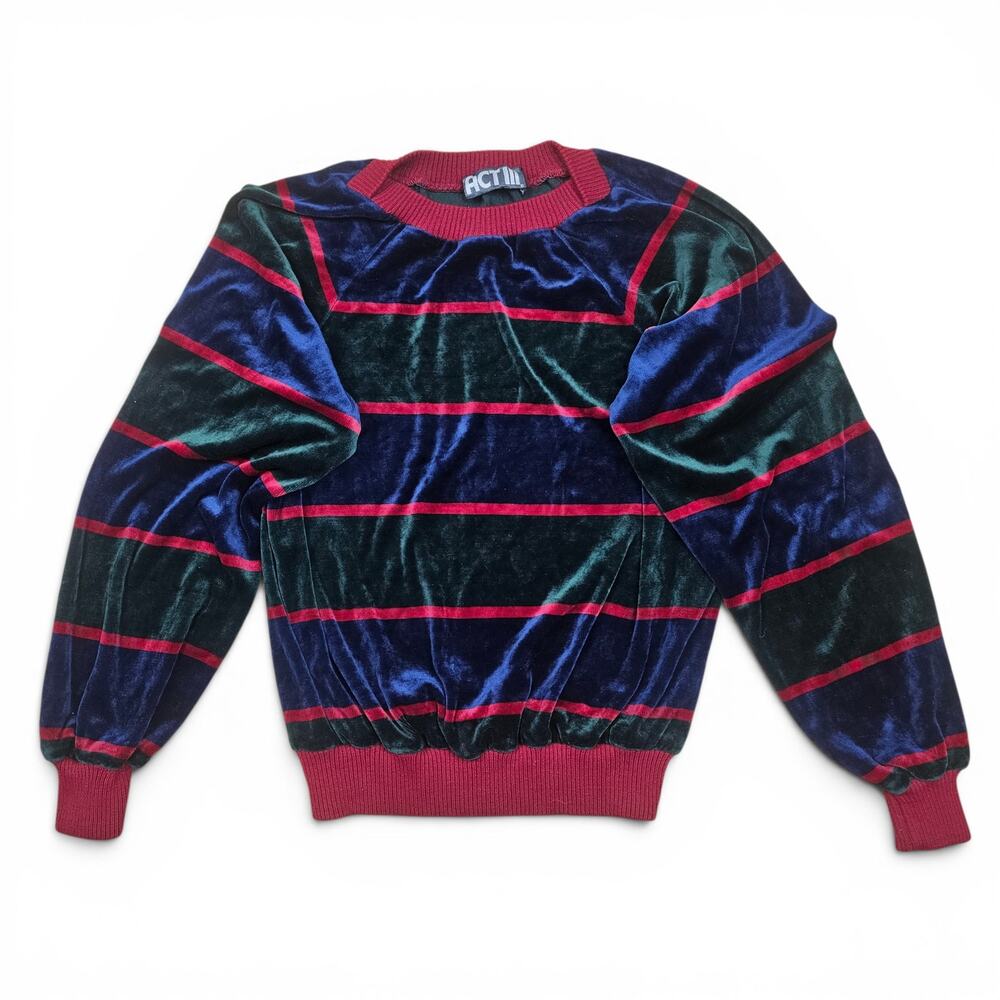 ACT III Velour Sweatshirt Women's 8 VTG 80s Velvet Striped Glam Preppy Casual